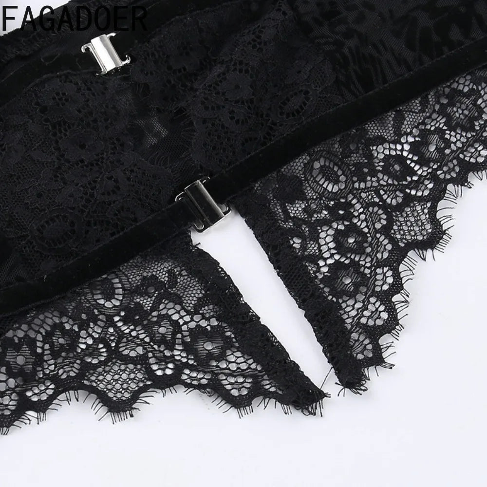 FAGADOER Sexy Lace See Through 2 Piece Sets Woman Outfit Hollow Out Crop Top + Flare Pants Female Y2K Streetwear Summer Spring