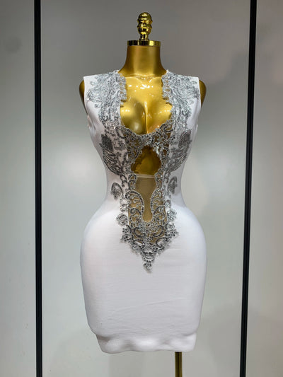 Women 2025 Sexy V Neck Cut Out Short Bandage Dress Silver Sequin White Elegant Luxury Birthday Party Club Wedding Vestidos