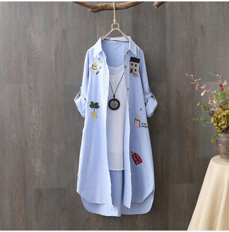 Women Cotton Embroidery Loose Long White Shirts 2025 Spring Autumn New Casual Office Lady Blouse Female Top Loose shirt