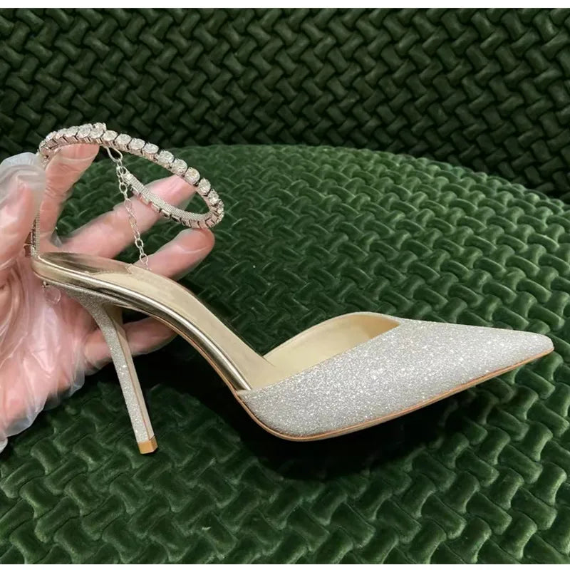 Luxury Crystal Sequined Women Pumps Elegant Thin High heels Spring Summer Fashion Chains Party Shoes Sexy Wedding Bridal Shoes