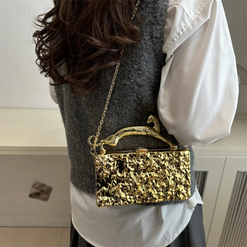 Leopard handle Luxury Gold Silver Party Evening Bag For Women Chain Clutch Handbags And Purses Mini Crossbody Shoulder Phone Bag