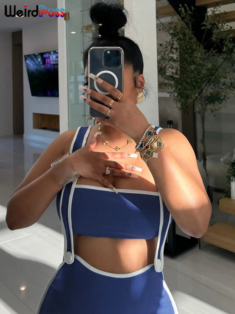 Weird Puss Summer Trend 2 Piece Set Women White Edging Strapless Tops+Shoulder Straps Dress Stretch Matching Streetwear Outfits