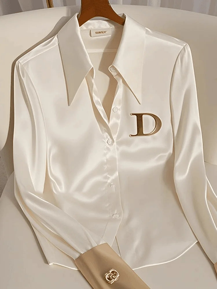 Elegant French Women's White Satin Shirt Turn-down Collar Long Sleeve Blouse Autumn/Winter for Women Casual Simple Office Lady