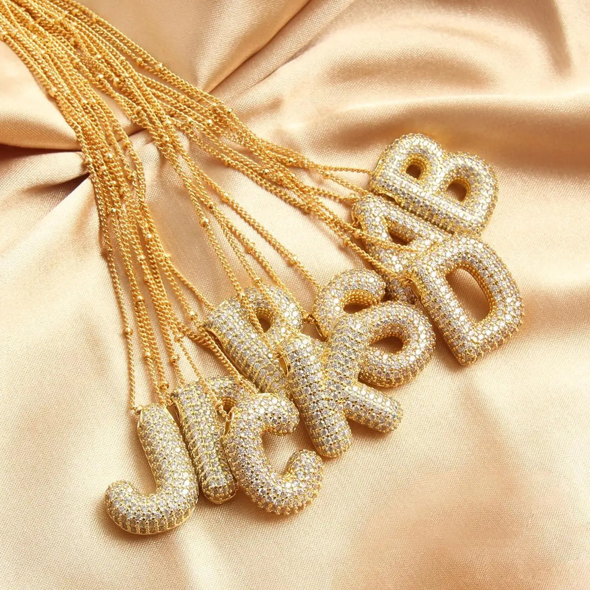 Cubic Zirconia Gold Plated  Bubble Alphabet Letter Necklace Monogram Necklace Balloon Initial Necklace Gifts for Women Girls