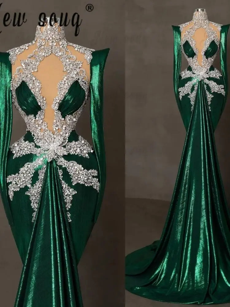 Emerald Green Arabic Long Evening Dress Heavy Handmade Crystals Birthday Pageant Prom Dress Women Wedding Party Dress Customized