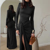 Mozision Turtleneck Thigh High Split Sexy Maxi Dress For Women Fashion Long Sleeve Draped Bandage Bodycon Club Long Dress