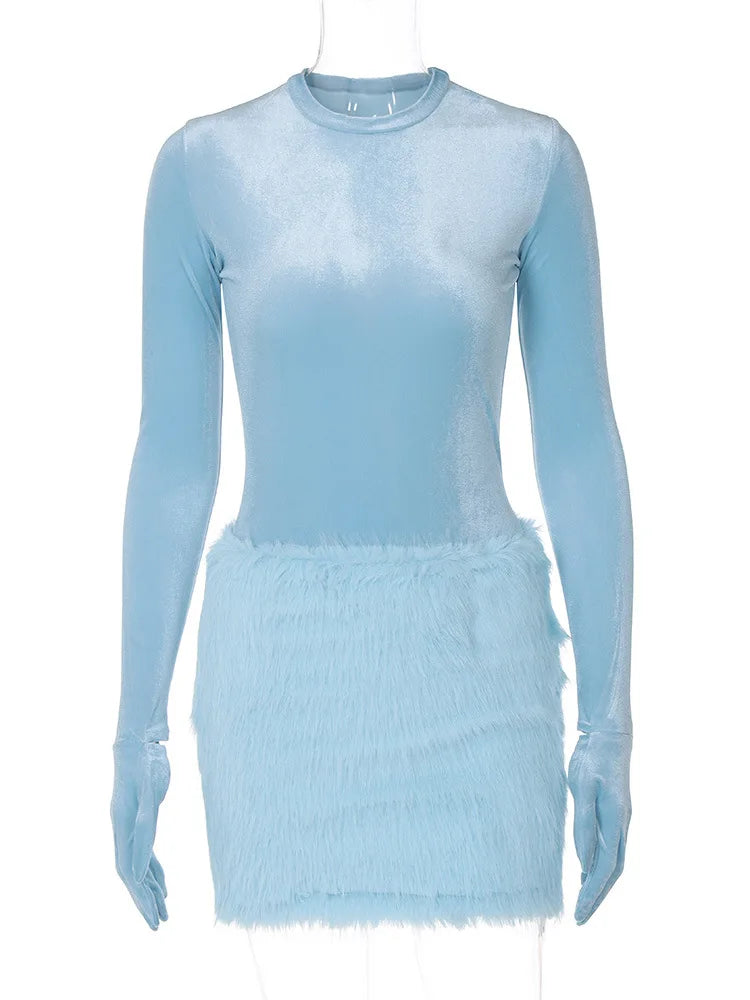 Fur Velvet Street Party Dress Women Fashion Sexy Club Outfit 2023 Autumn Female Luxury Clothing Winter Elegant Evening Dress
