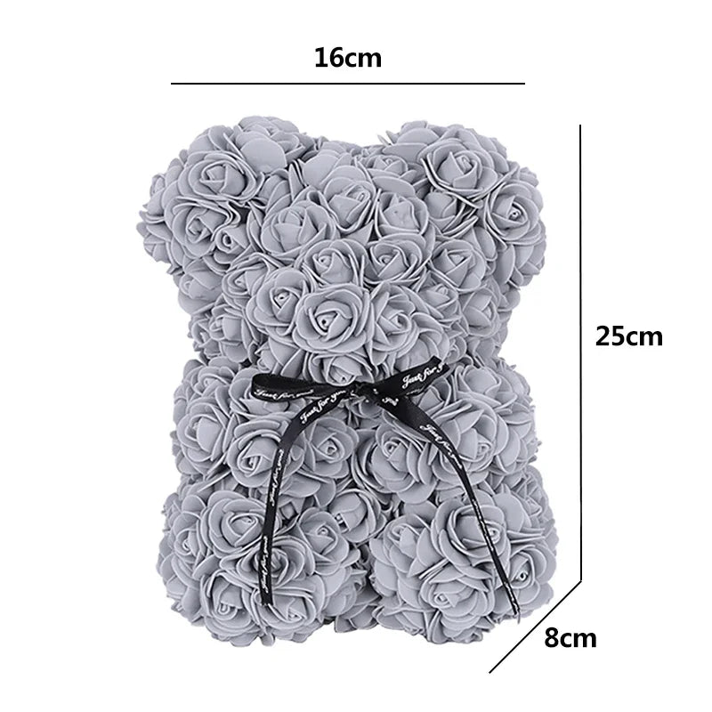 25cm Artificial Teddy Rose Flower Bear with Box Romantic Valentines Day Gift Girlfriend Women Mother Birthday Wedding Party Deco