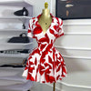 CM.YAYA Leaf Printed Women's Set Short Sleeve Bowknot Hem Blouse Shirt and Pleated Mini Skirts Suit 2023 Two 2 Piece Sets Outfit