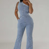 Flare Denim Pants Full Length Women Jeans One Piece Overalls Spliced Solid Jumpsuits Loose Pockets High Waist Basics Washed