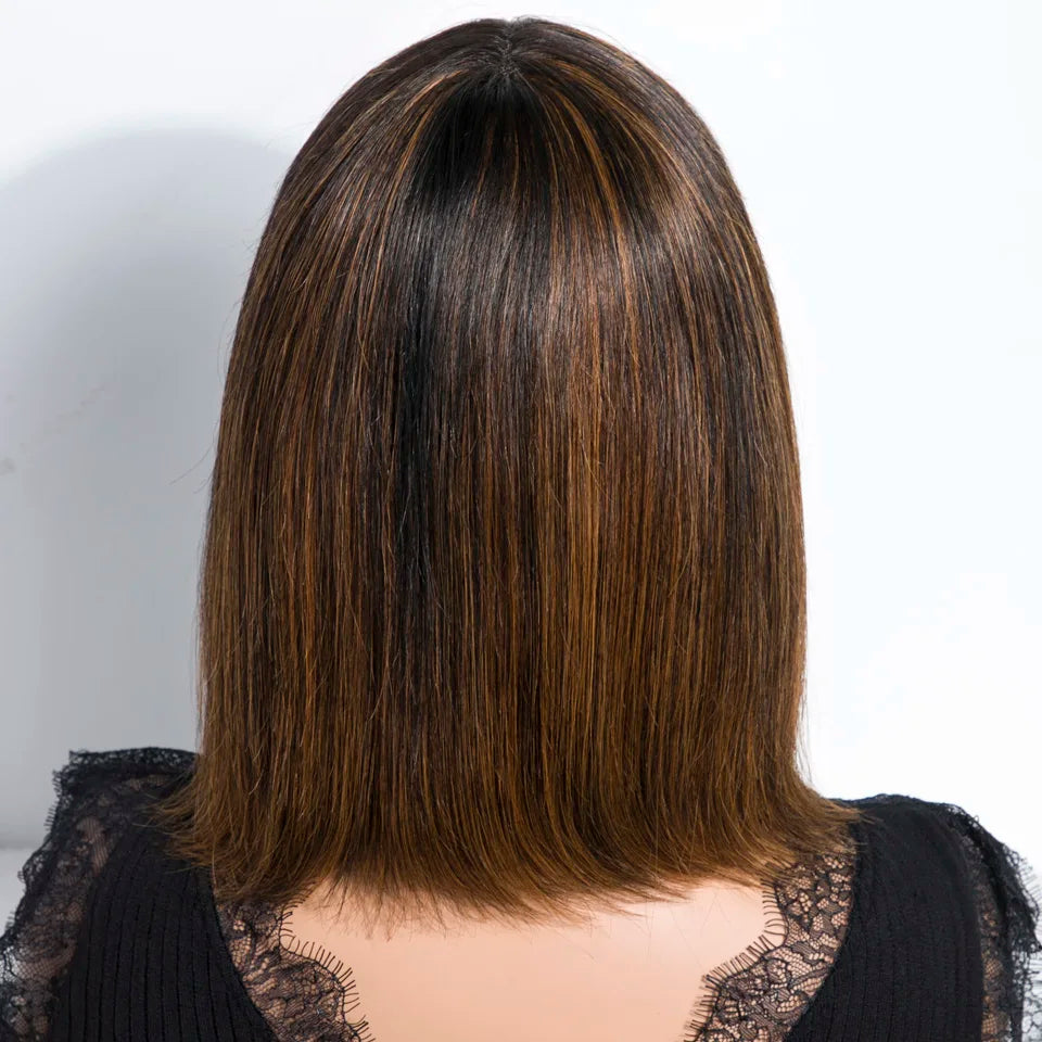 Lekker Chocolate Brown Short Straight Bob 100% Human Hair Wig With Bangs For Women Brazilian Remy Hair Top Lace Glueless Bob Wig