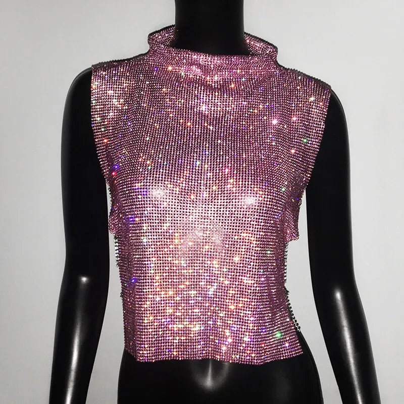Sexy Rhinestone Backless Party Crop Top Women Glitter Turtleneck TShirt Adjustable Metal Chain Summer Nightculb Diamond Tank Top