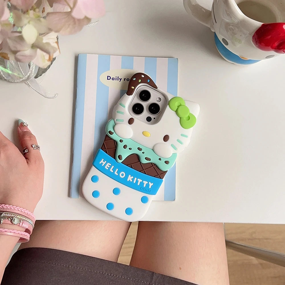 Cute 3D Ice Cream Sanrios Hello Kitty Phone Case for IPhone 15 14 13 12 11 Pro Max Drop-resistant Soft Silicone Back Cover Gift