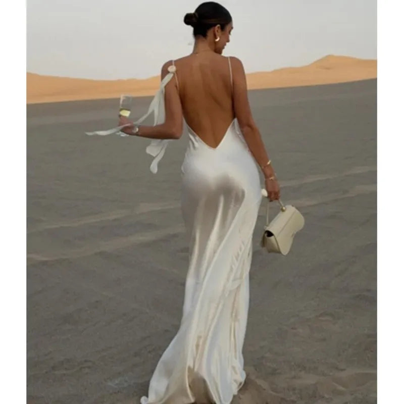 Sexy Ladies Lace Satin Dress Fashionable Elegant Backless Long Skirt 2025 New Party Evening Dress Dress Beach Vacation Style
