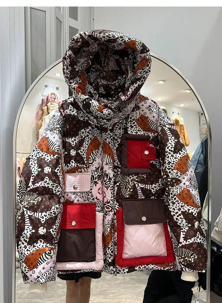 2023 European Station Winter New Down Jacket Women's Warm Fashion Short Color Patchwork Graffiti thick White Duck Down Coa
