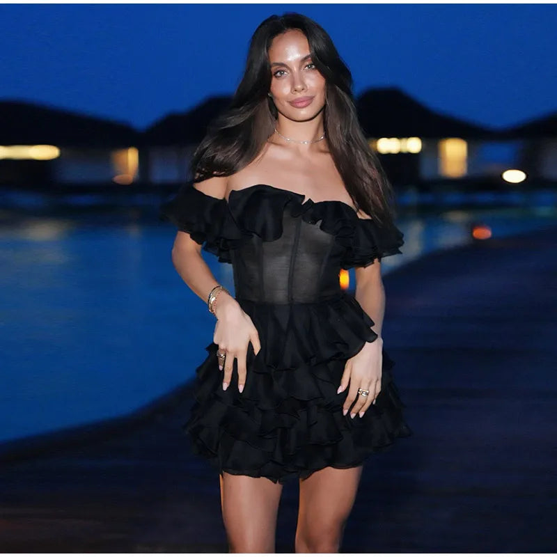 Chic Off-Shoulder Flounce Mesh Dress Woman Transparent Solid Color Layered Short Dresses Sexy Beach Vacation Women's Mini Dress