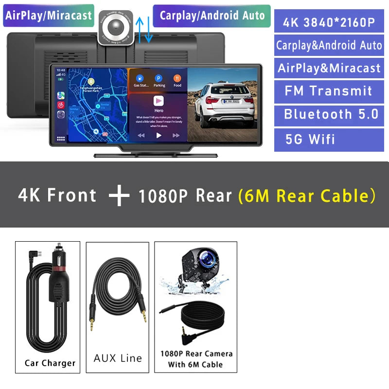 10.26“  Dash Cam 4K 3840*2160P Car Dvr Carplay Android Auto GPS 5G WIFI  Stream RearView Mirror Dashcam Camera Drive Recorder FM