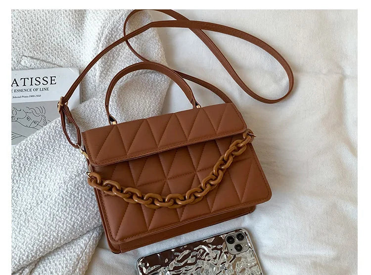 Solid Plaid Crossbody Bags For Women, Chain Decor Fashion Shoulder Bag Ladies Handbag For Daily Used