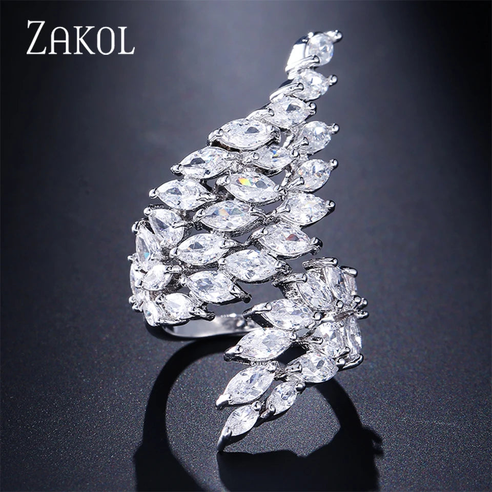 ZAKOL Luxury Sparkling Leaf Flower Micro-paved Zirconia Open Rings for Women Delicate Bridal Wedding Jewelry RP2034