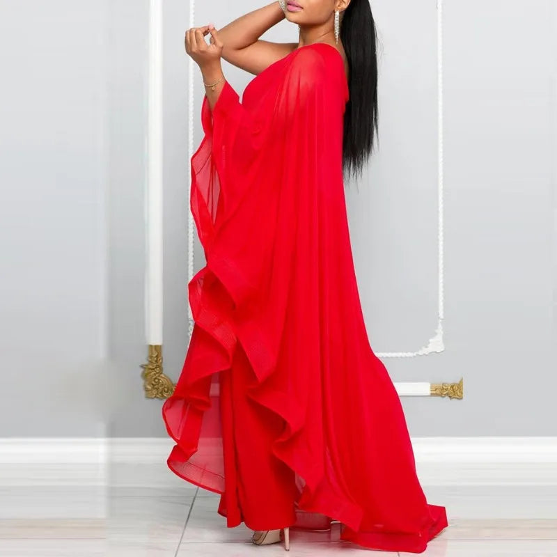 Sexy Chic Women One Shoulder Jumpsuit Chiffon Long Sleeve Prom Party Clothes Designer One Piece Ruffles Rompers 2023