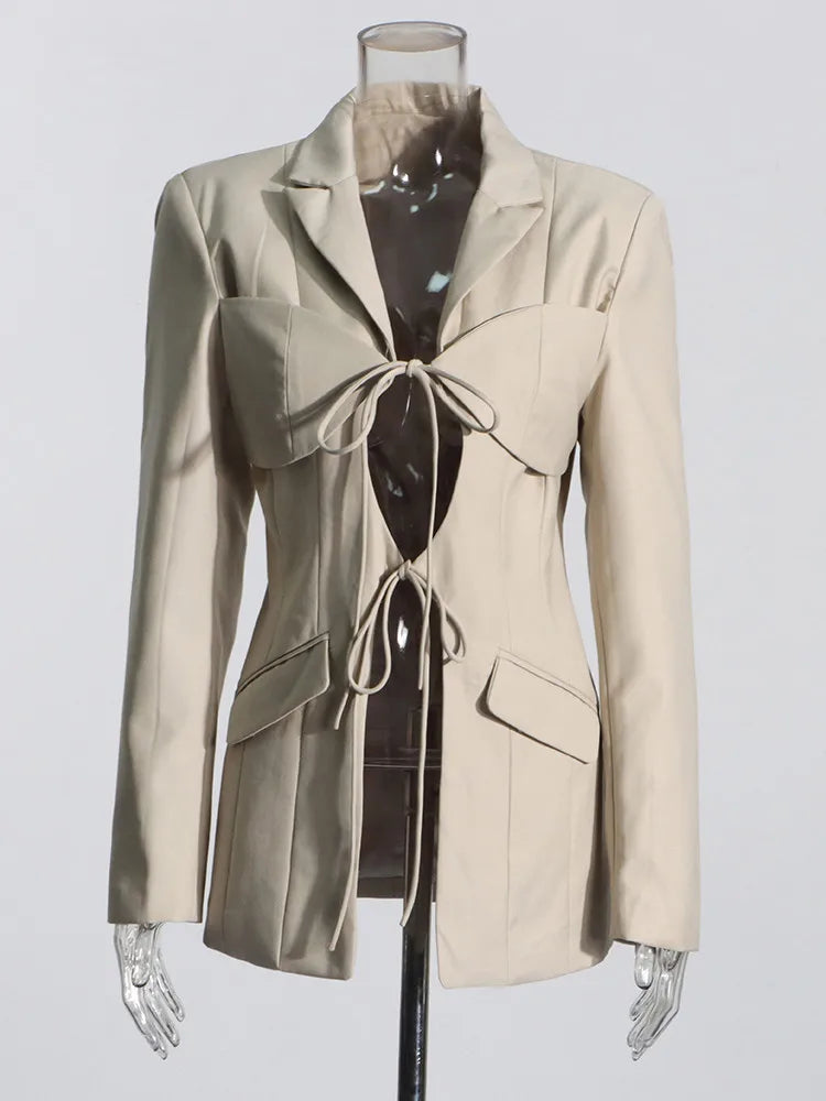 TWOTWINSTYLE Patchwork Lace Up Hollow Out Blazer For Women Notched Collar Long Sleeve Tunic Designer Blazers Female Fashion New