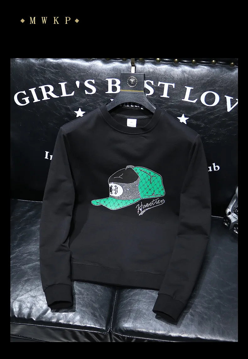 Round Collar Men's Pullover New Male Hoodies Personalized Hat Hot Diamond Print Fashionable Top Youth Bottoming Shirt Clothing