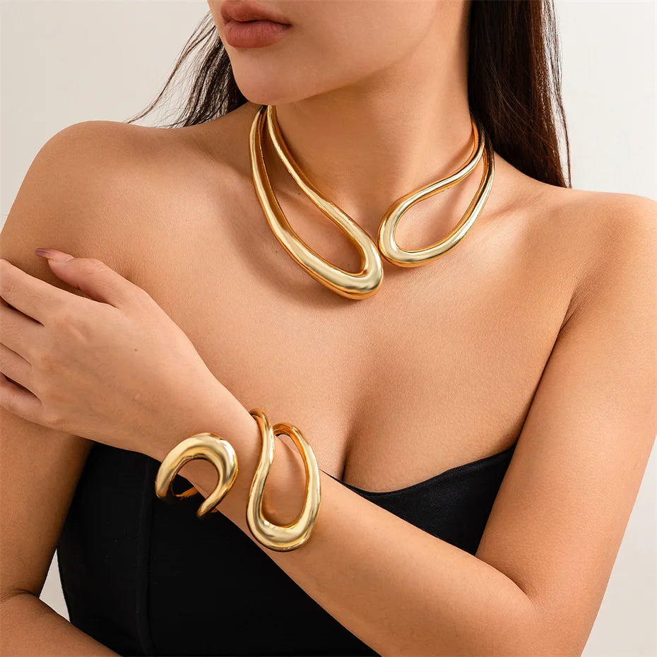Exaggerated Heavy Metal Big Open Torques Choker Necklace fot Women Goth Adjustable Chunky Chain Grunge Jewelry Steampunk Men New