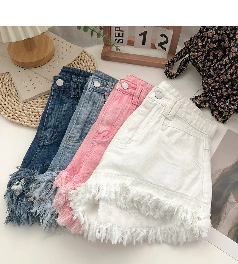 ITOOLIN Women Vintage Tassels Denim Shorts Button Loose High Waist A-line Jean Shorts Casual Women Office Trousers Streetwear