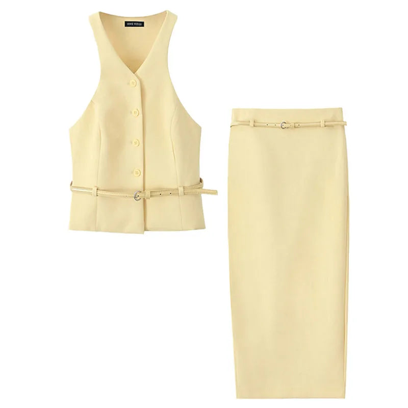 TRAFZA Women Fashion Suit Yellow V-Neck Sleeveless Belt Sngle Breasted Tops+High Waist Pocket Belt Long Skirts Female Summer Set