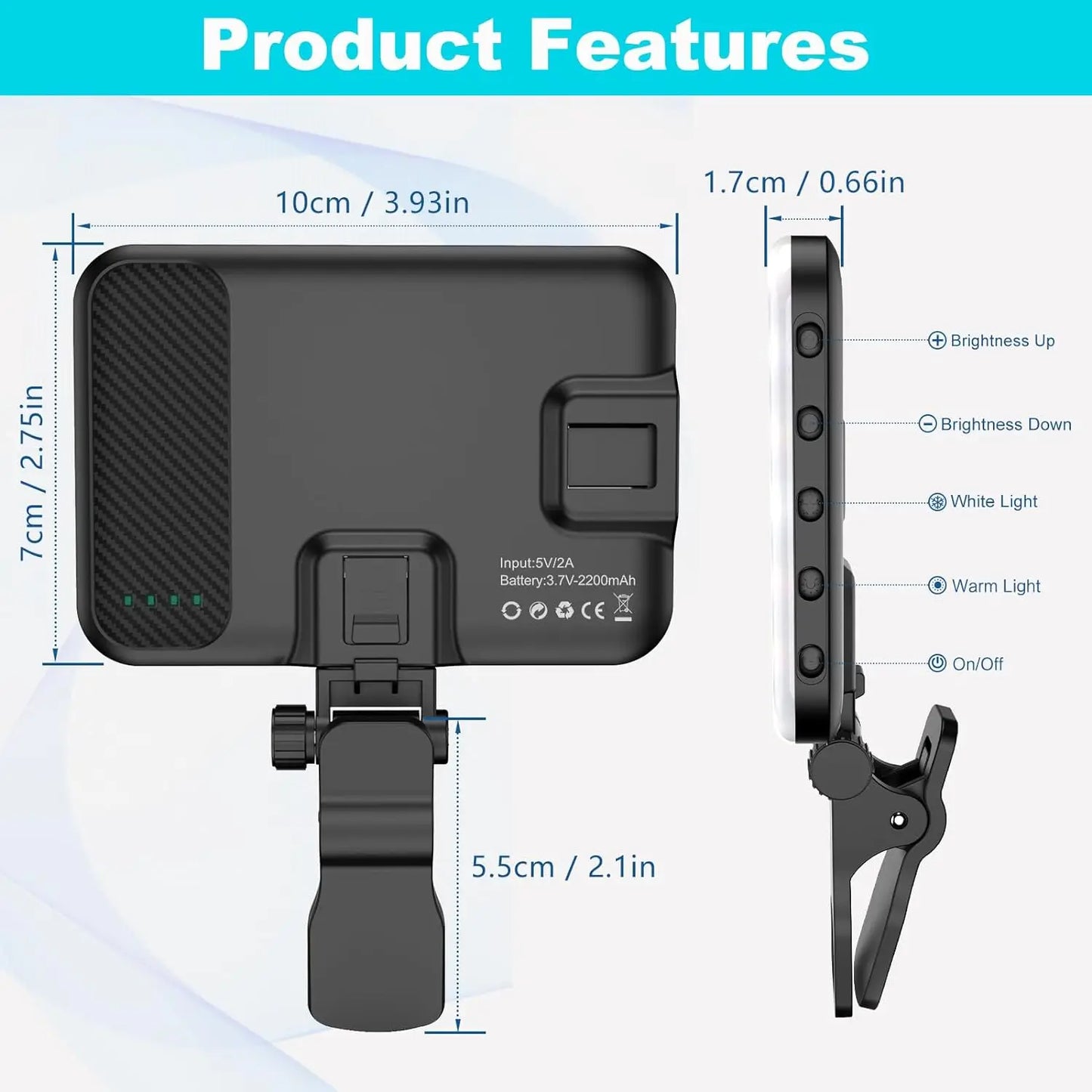 LED Selfie Light 60 High-quality LED Beads 2200mAh Rechargeable CRI 97+, 7 Light Modes Portable on Light for Phone/Tablet/Laptop