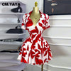 CM.YAYA Leaf Printed Women's Set Short Sleeve Bowknot Hem Blouse Shirt and Pleated Mini Skirts Suit 2023 Two 2 Piece Sets Outfit
