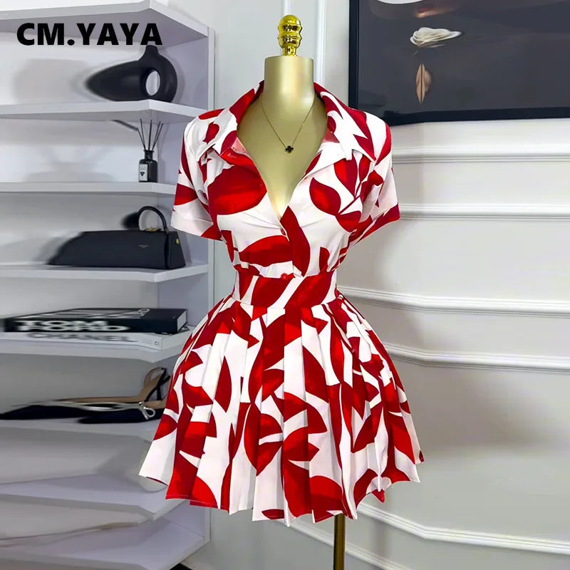 CM.YAYA Leaf Printed Women's Set Short Sleeve Bowknot Hem Blouse Shirt and Pleated Mini Skirts Suit 2023 Two 2 Piece Sets Outfit