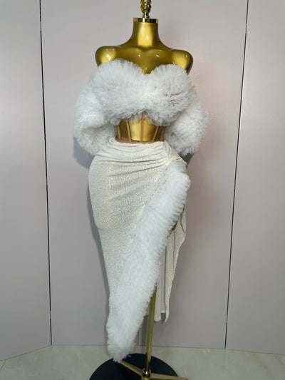 2025 Women White Sequins Top Short Skirt Two Pieces Set Sexy Celebrate Evening Prom Birthday Dress Nightclub Stage Outfit