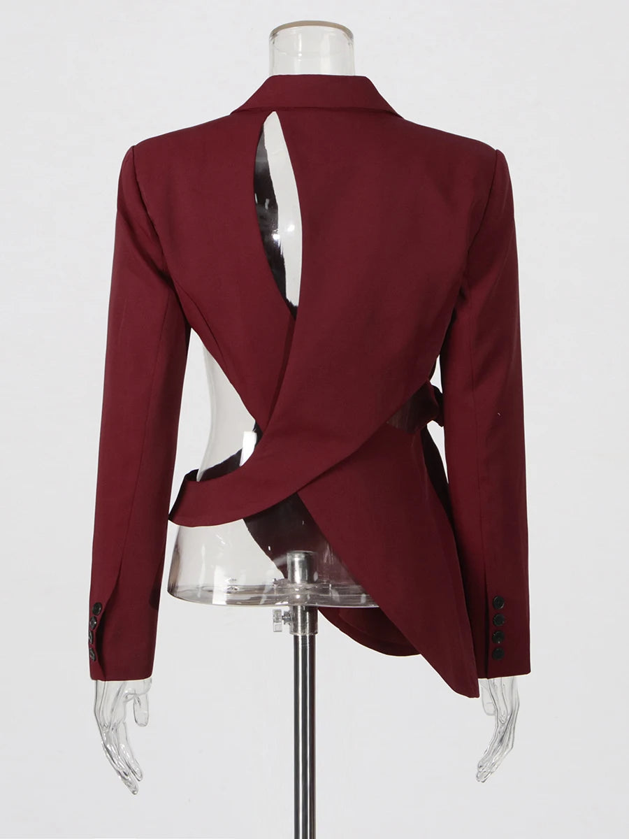 TWOTWINSTYLE Hollow Out Backless Slimming Blazers For Women Notched Collar Long Sleeve Spliced Button Irregular Blazer Female