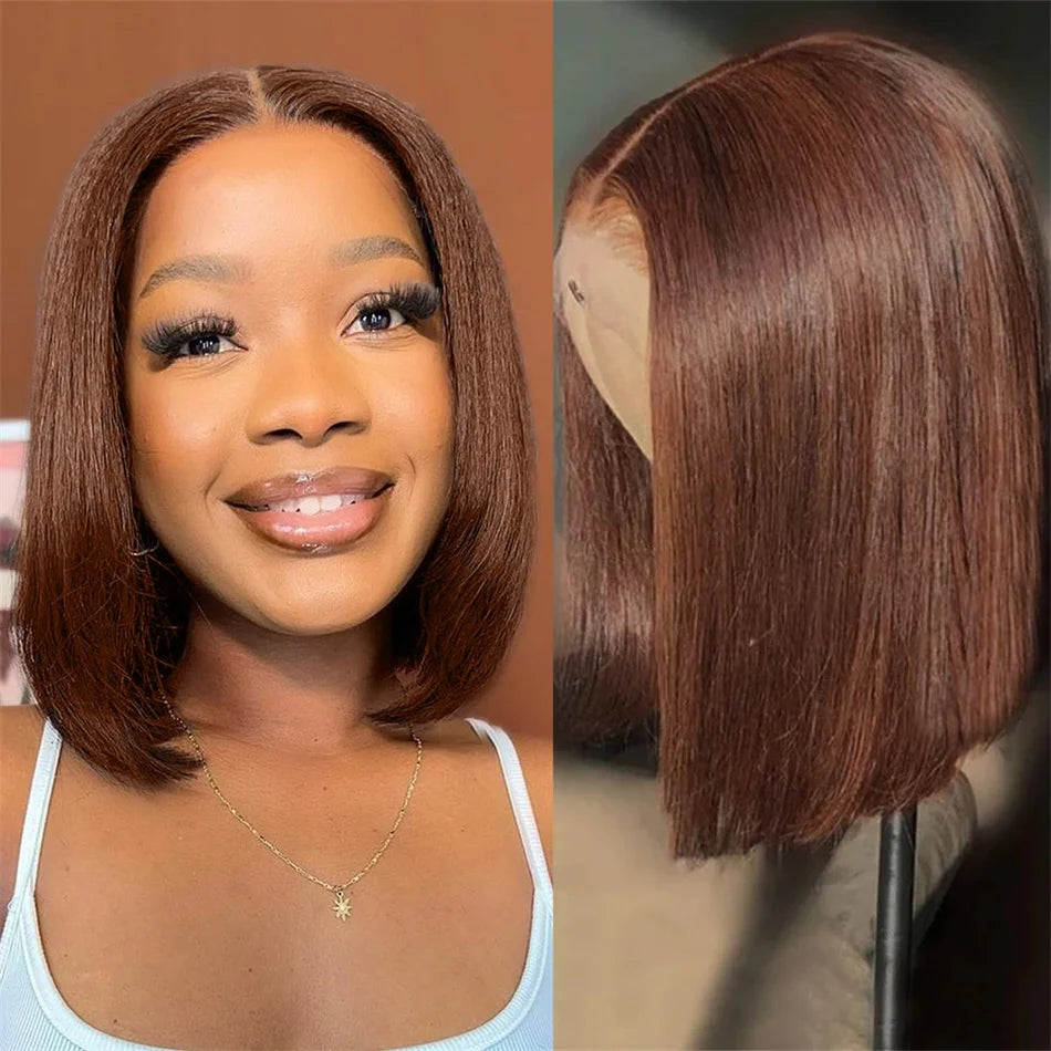 12A Double Drawn 210% Density Bone Straight Hair Bob Wig 13x4 Lace Front Wig 10-16 Inches Chocolate Brown Human Hair Wig