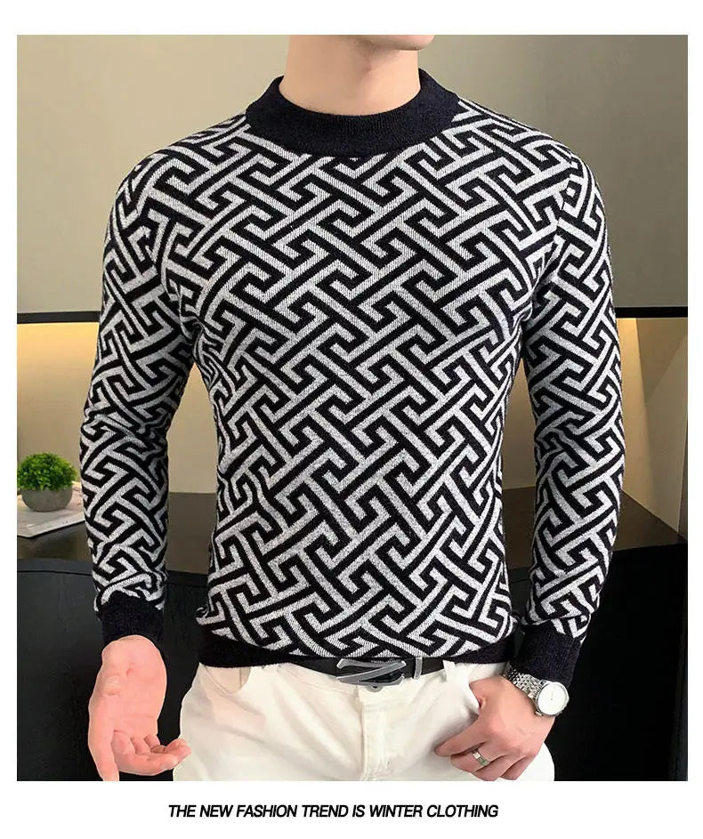 Autumn Winter Velvet Knitted Sweater Men's Long Sleeve Round Necked Sweater Slim Fit Casual Business Knitwear Tops Men Clothing