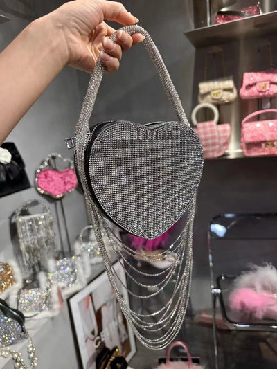 Bling Tassel Heart-shape Satin Bag Glitter Rhinestone Diamond Evening Bag Women Handbag Wedding Party Clutch Purse Crossbody Bag