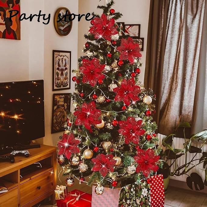 Silver Glitter Christmas Flowers Silver Xmas Tree Artifical Flower Ornaments Merry Christmas Decoration For Home Party New Year