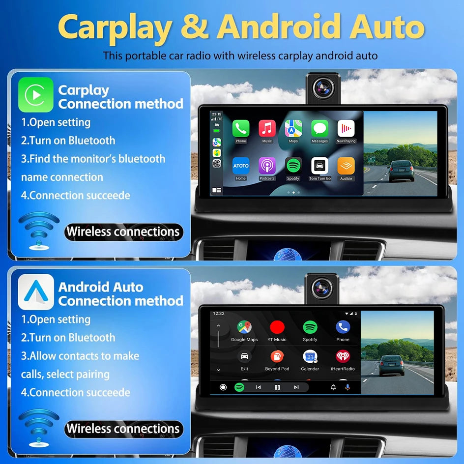 Develuck 10.26" Car DVR 350° Adjustable Carplay Android Auto Dash cam 4K Front&1080P Rear Camera Voice Control WIFI Dual lens FM