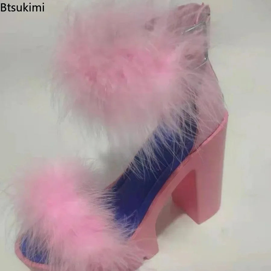 New Women's Summer Sandals Coarse-heeled Fur Rubber Sandals Shoes Women Platform Heels Mary Janes Shoes High Heels Leather Shoes