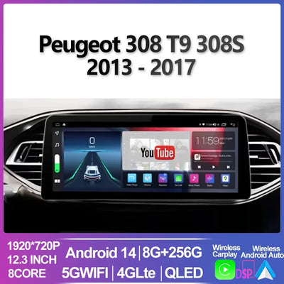 12.3 inch 2400*900 For Peugeot 308 T9 308S 2013 - 2017 Radio Car Video Player Stereo Android 14 GPS Multimedia Carplay Head Unit