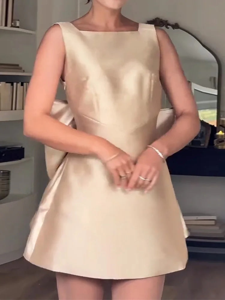 Summer Women Bow Patchwork Chic Mini Dress, Backless Square Collar Simple Party Dress, New Fashion Sleeveless Sweet Ladies Dress