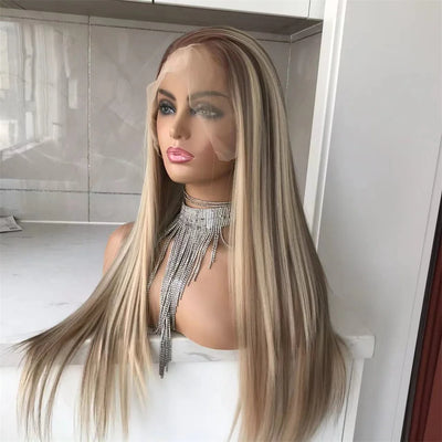 13x6 Lace Front Wig Highlight Brown Straight Synthetic Hair Lace Wigs for Women Free Part Glueless Wig with Pre plucked Hairline