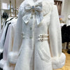 Winter New Japanese Sweet Bow Slim Medium Long Woolen Coat Faux Fur Collar Lolita Girl Women's Pink White Wool Jacket Overcoat
