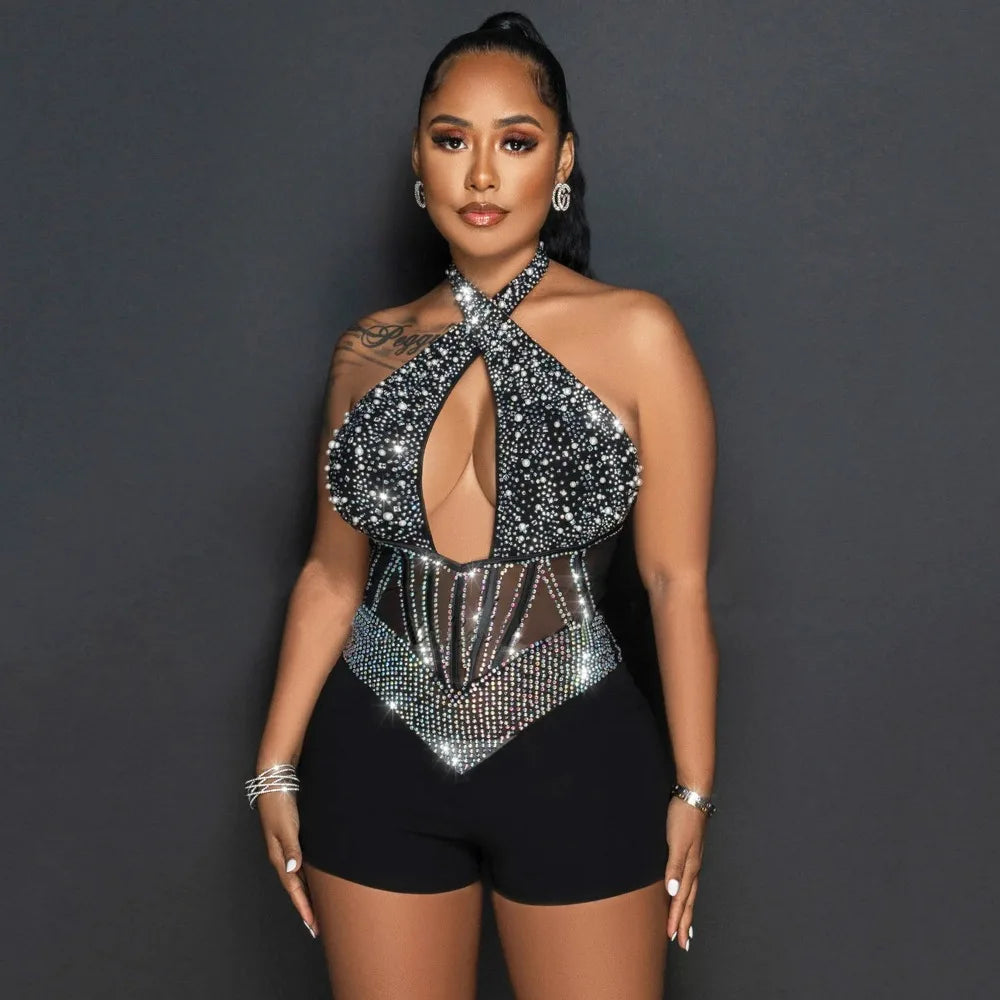 HLJ Gold Woman Evening Party Outfits Rhinestone Crystal Luxury Jumpsuits Women Corset Patchwork Bodycon Rompers Elegant Sexy