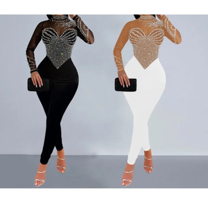 Elegant Women Jumpsuit Streetwear 2024 Spring Fashion Versatile Casual Solid Color Hot Diamond Long Sleeve Jump Suits for Female