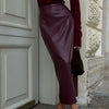 Trendix Women Elegant Burgundy Skirt High Waist Slim Fashion Slit Long Skirts Female Party Slim Club Sexy Vintage PU Skirts 2024