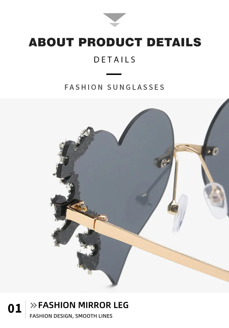 Rimless Sunglasses Women Luxury Brand Rhinestone Sun Glasses Ladies Cute Heart Shape Punk Party Eyewear очки від сонця женские