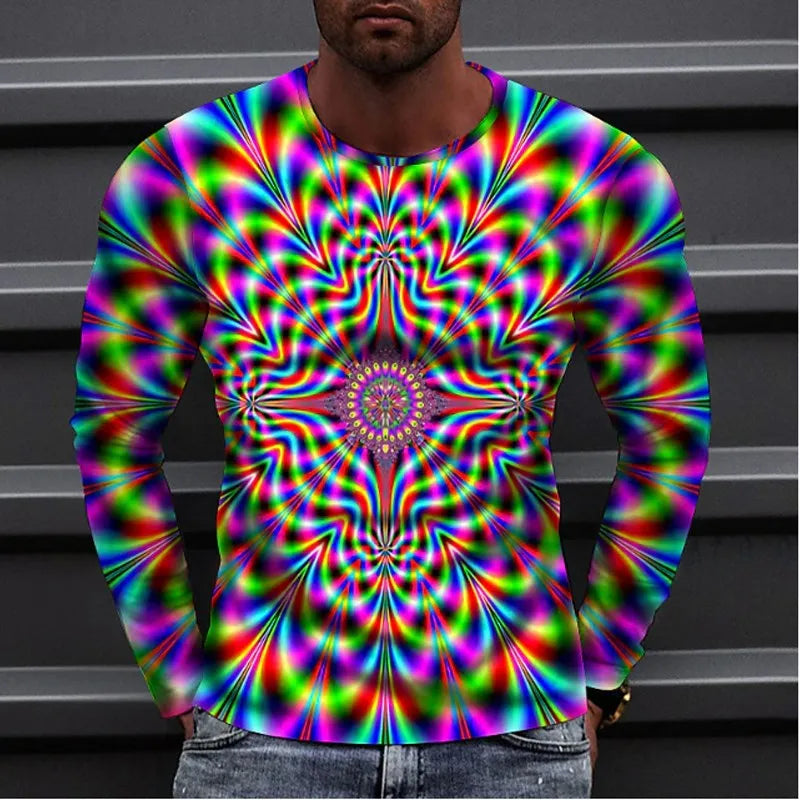 2023 New Autumn Man's Optical Illusion Round Neck Long Sleeve T-shirt 3D printing Fashion Top pullover T Shirts Man's Clothing