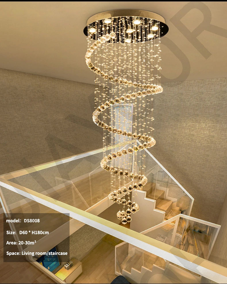 Staircase Long Pendant Lamp, Villa Lamp, Crystal Hanging Line Lamp, Duplex Living Room Spiral Lamp, Glass Romantic Decorative La